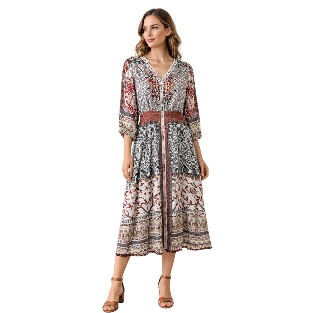Khaadi Boho Paisley‎ Print Midi Dress V Neck Smocked Waist SZ small